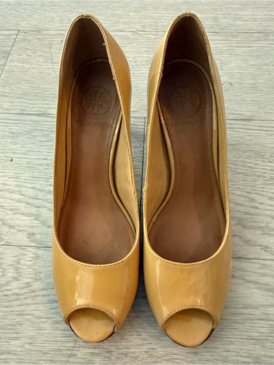 Tory Burch Shoes - Tory Burch Sally Peep Toe Wedge Pumps Nude Size 6.5